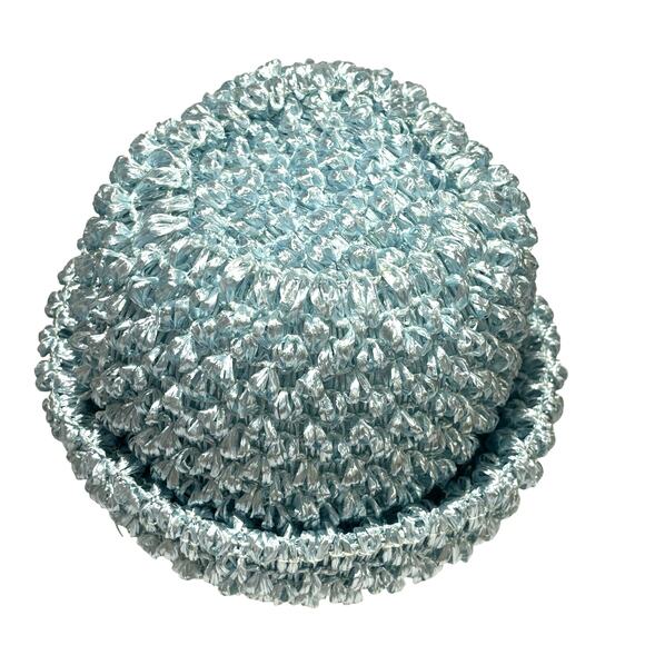 Blue straw hat with bow bowler style upturned rim union label mid century church - Picture 6 of 9